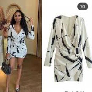 Zara printed black white abstract ruched faux wrap long sleeve‎ dress small